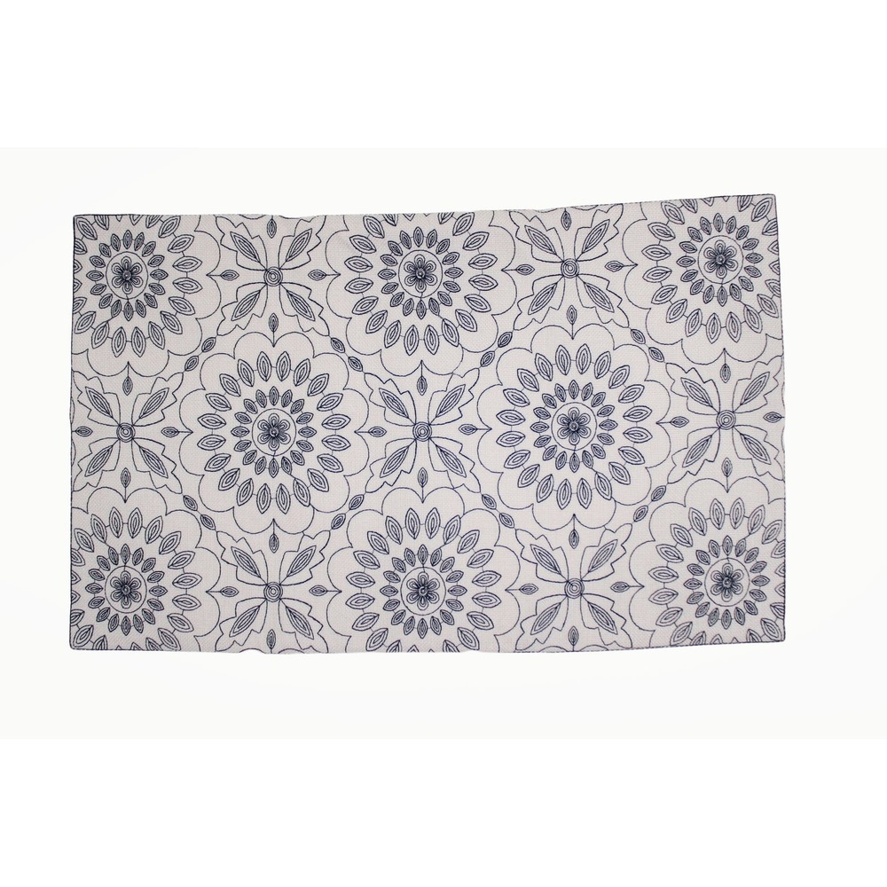 2 Pcs Navy Blue and White Mandala Floral Embroidered Woven Placemat 12x19